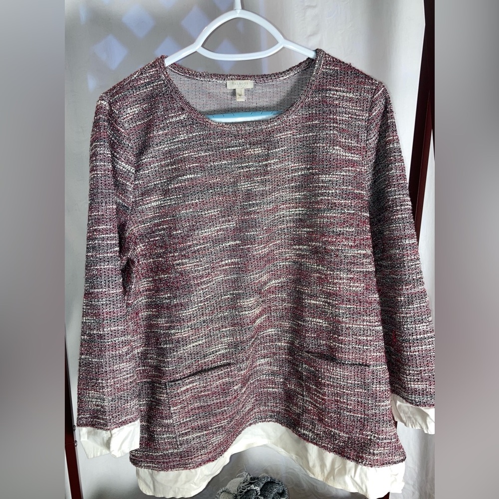 Talbots size M heather/tweed sweater with layered blouse details at cuff & hem